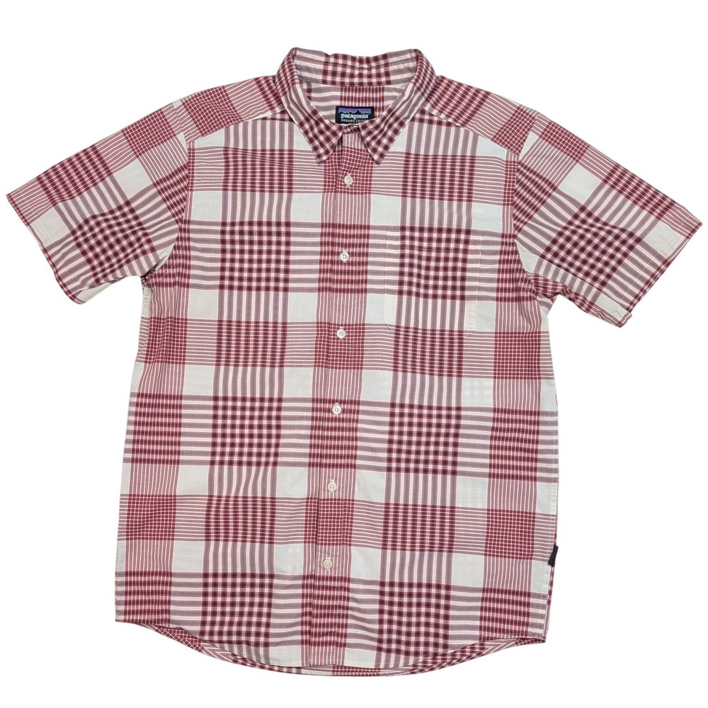 Patagonia Mens M Red White Plaid Organic Cotton Blend Short Sleeve Button Shirt